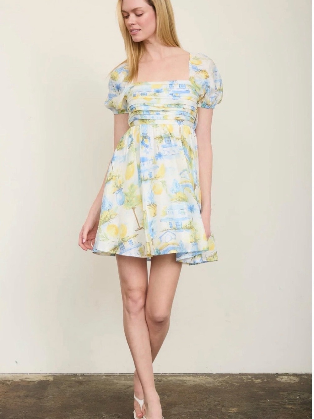 CR2916A Lemon Print Pleated Short Puff Sleeve Mini Dress - Picture 5 of 8